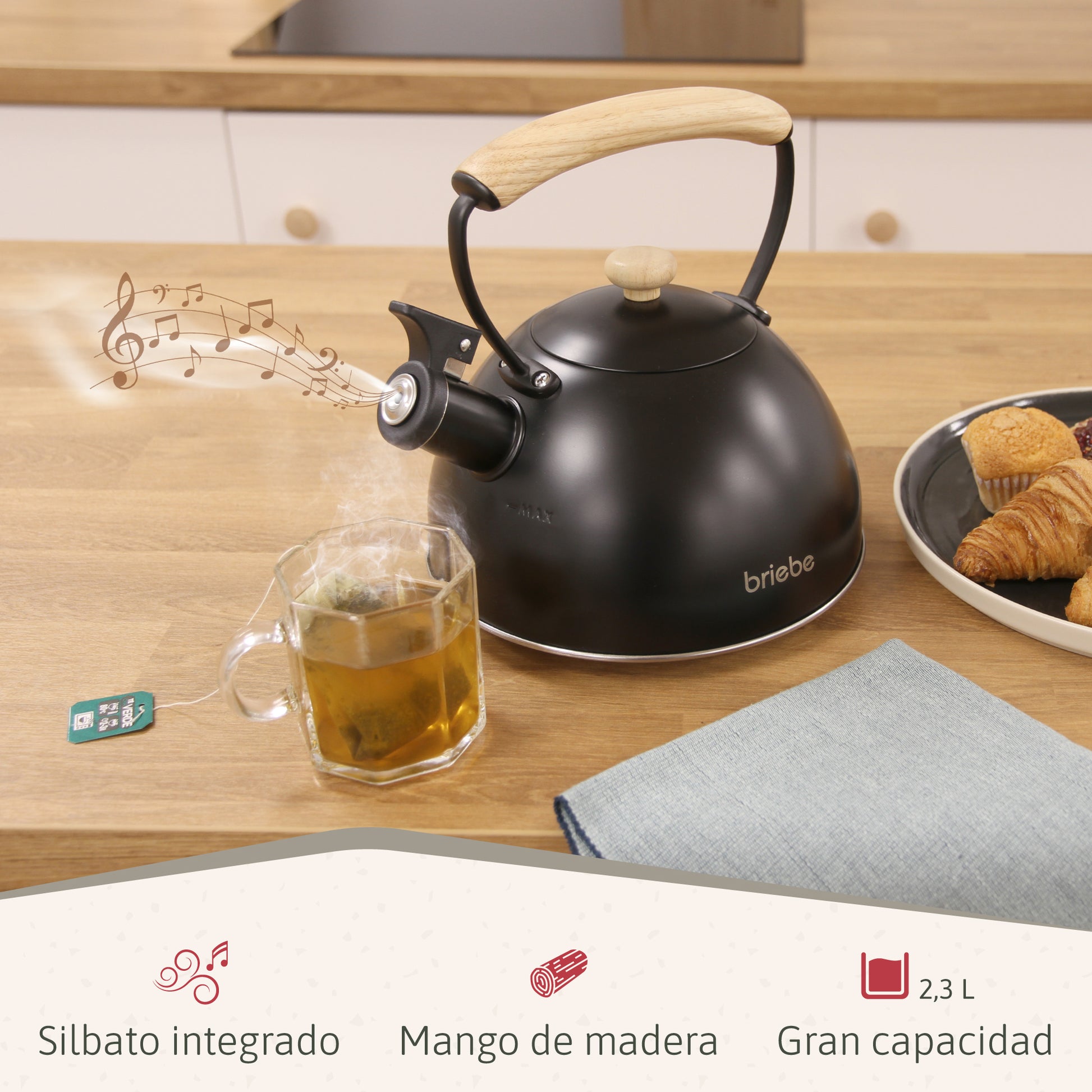 Briebe Nordic Set Tostadora Pan Ranura Ancha 2 Rebanadas + Tetera 2,3l Acero Inox, Inducción Libre Bpa, Skt1177blk,negro_3