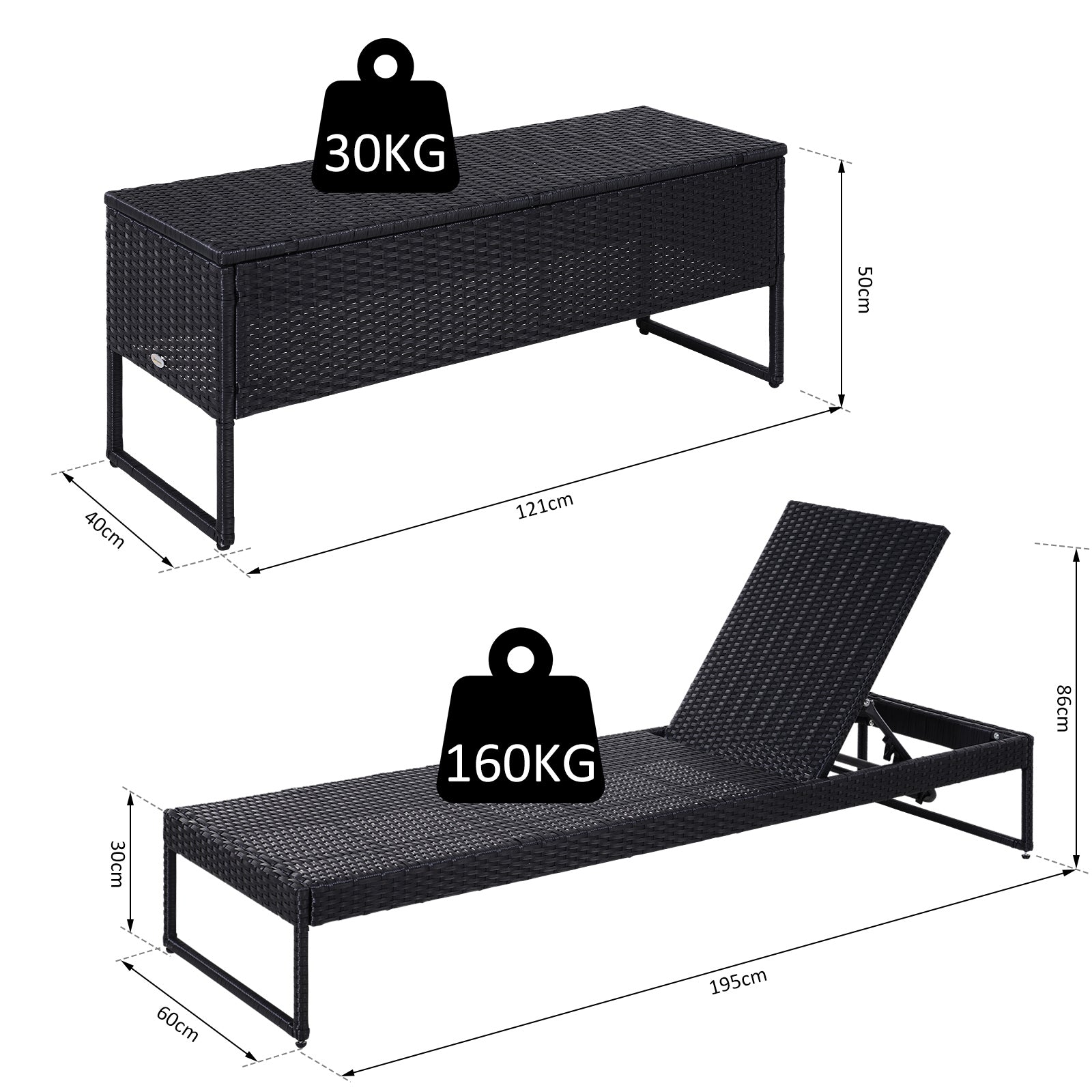 Outsunny Conjunto De 2 Tumbonas De Terraza Con Mesa Ratán 195x60x86 Cm Negro_2