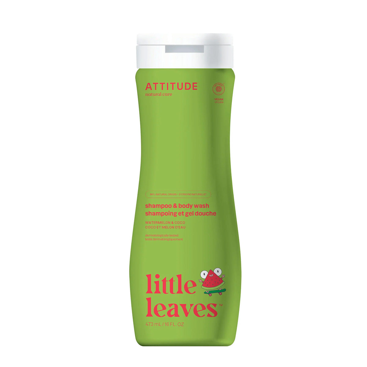 Champô e Sabonete Líquido Corporal 2 em 1 Super Leaves Kids Melancia e Coco Attitude 473ml