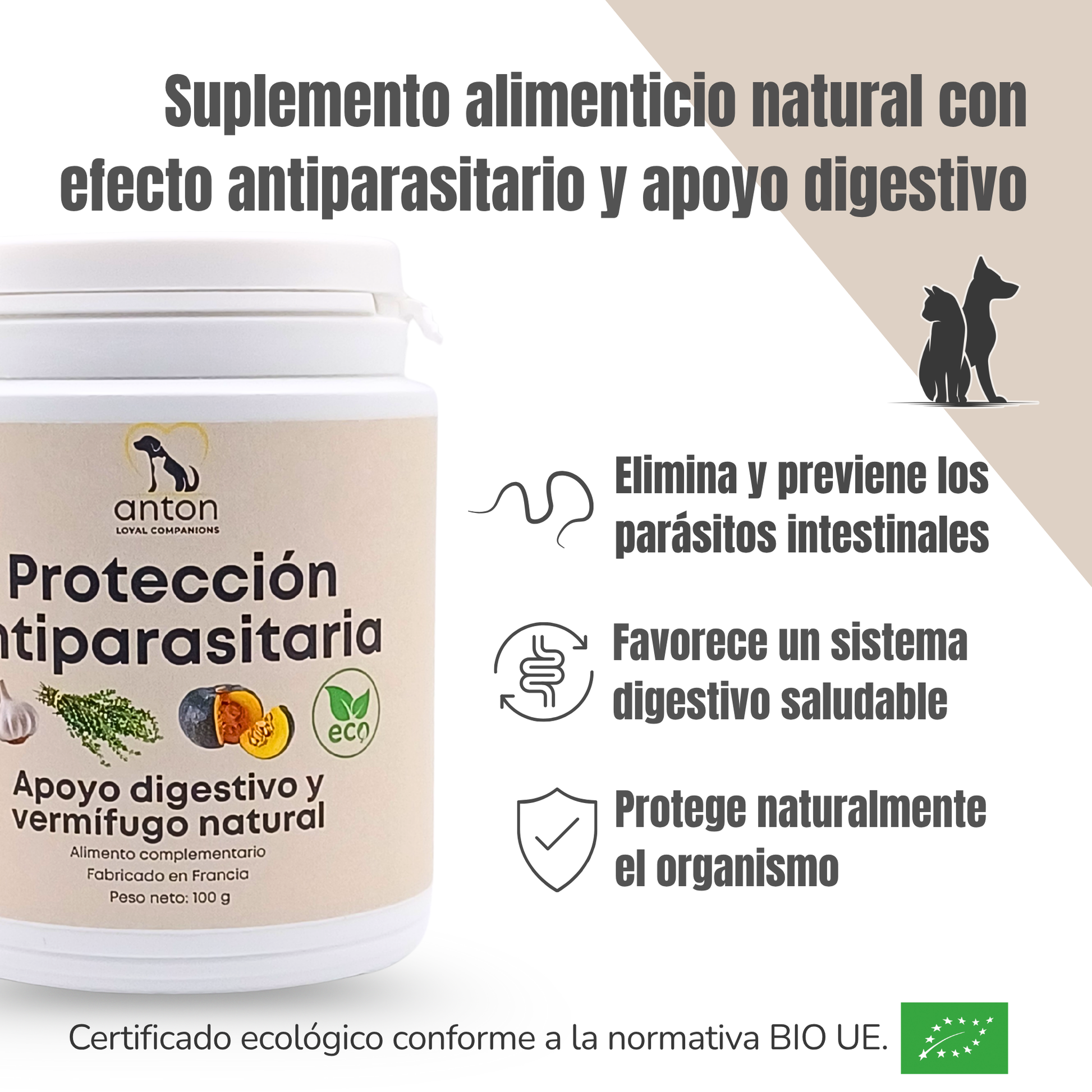 Suplemento natural para perros y gatos – Fórmula Protección Antiparasitaria ECO 100 g