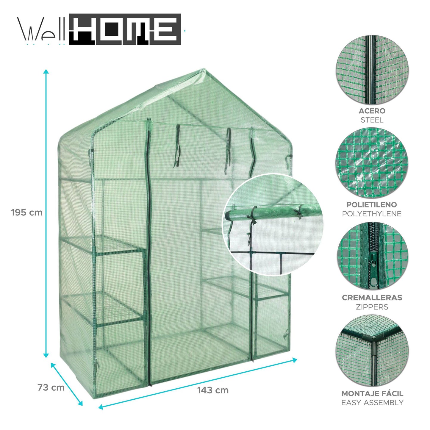 Well Home Invernadero Con Marco Metálico De 143x73x195cm Con Cubierte Pe En Color Verde_1