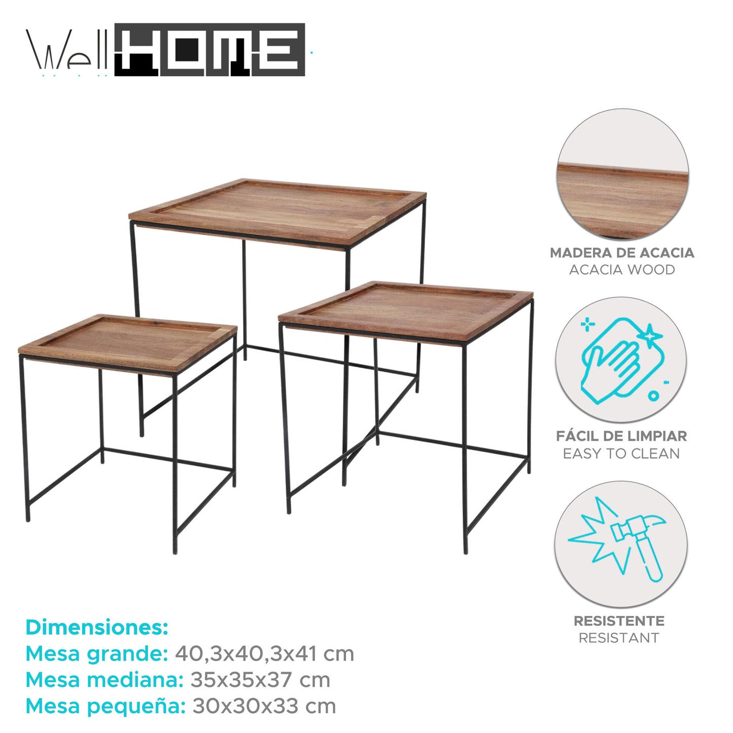 Well Home Set De 3 Mesas Auxiliares En Madera De Acacia_1