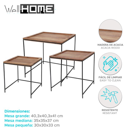 Well Home Set De 3 Mesas Auxiliares En Madera De Acacia_4