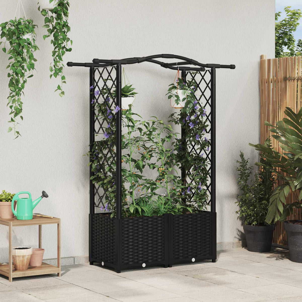 Cama Elevada Con Trellis Y Techo Negro 125 X 40 X 138 Cm Pp_1