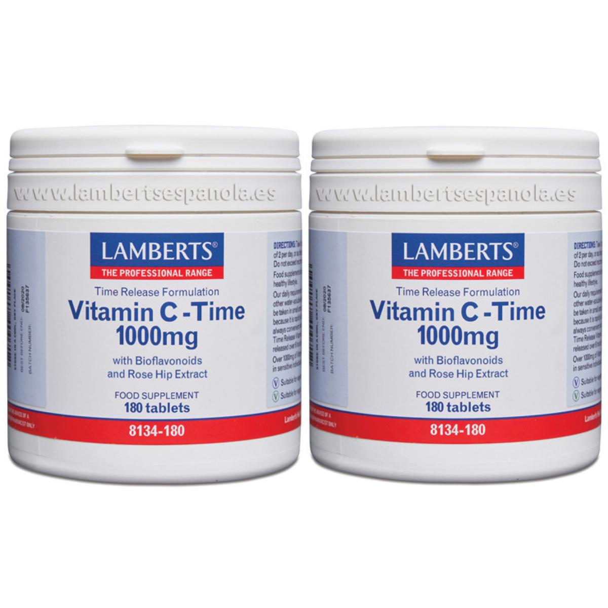 Embalagem de 2 comprimidos de vitamina C 1000 mg de libertação prolongada Lamberts 180