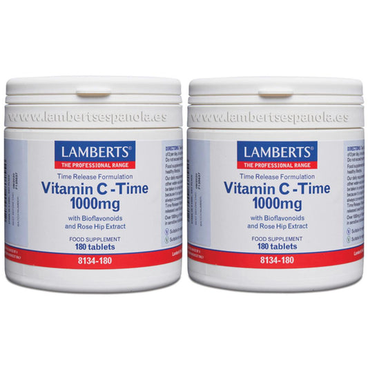 Embalagem de 2 comprimidos de vitamina C 1000 mg de libertação prolongada Lamberts 180