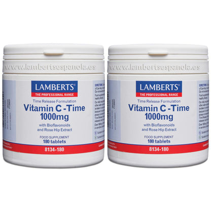 Embalagem de 2 comprimidos de vitamina C 1000 mg de libertação prolongada Lamberts 180