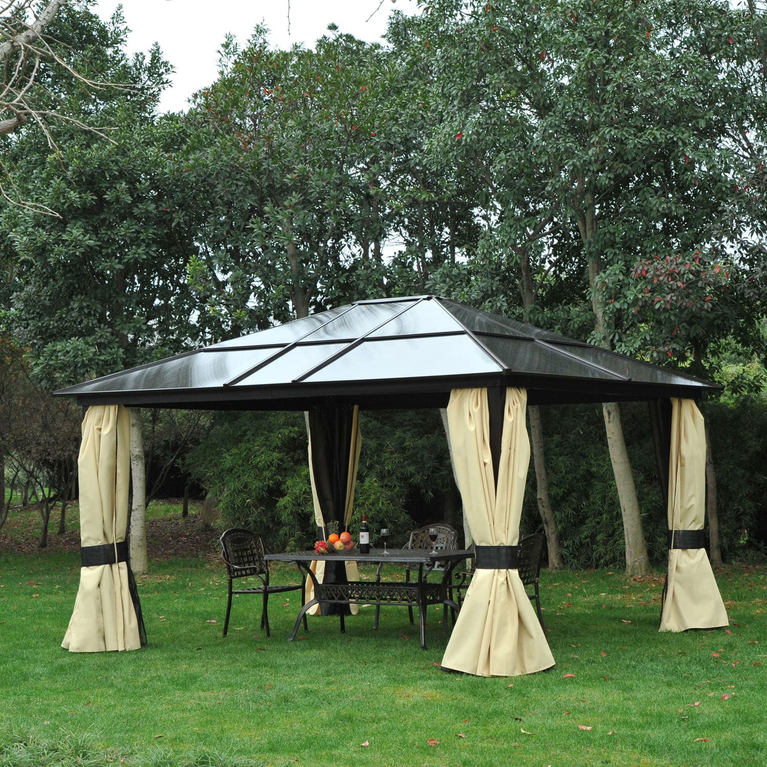 Outsunny Cenador Jardín 4,2x3,6m Techo De Policarbonato Y 4 Cortinas Mosquiteras_1