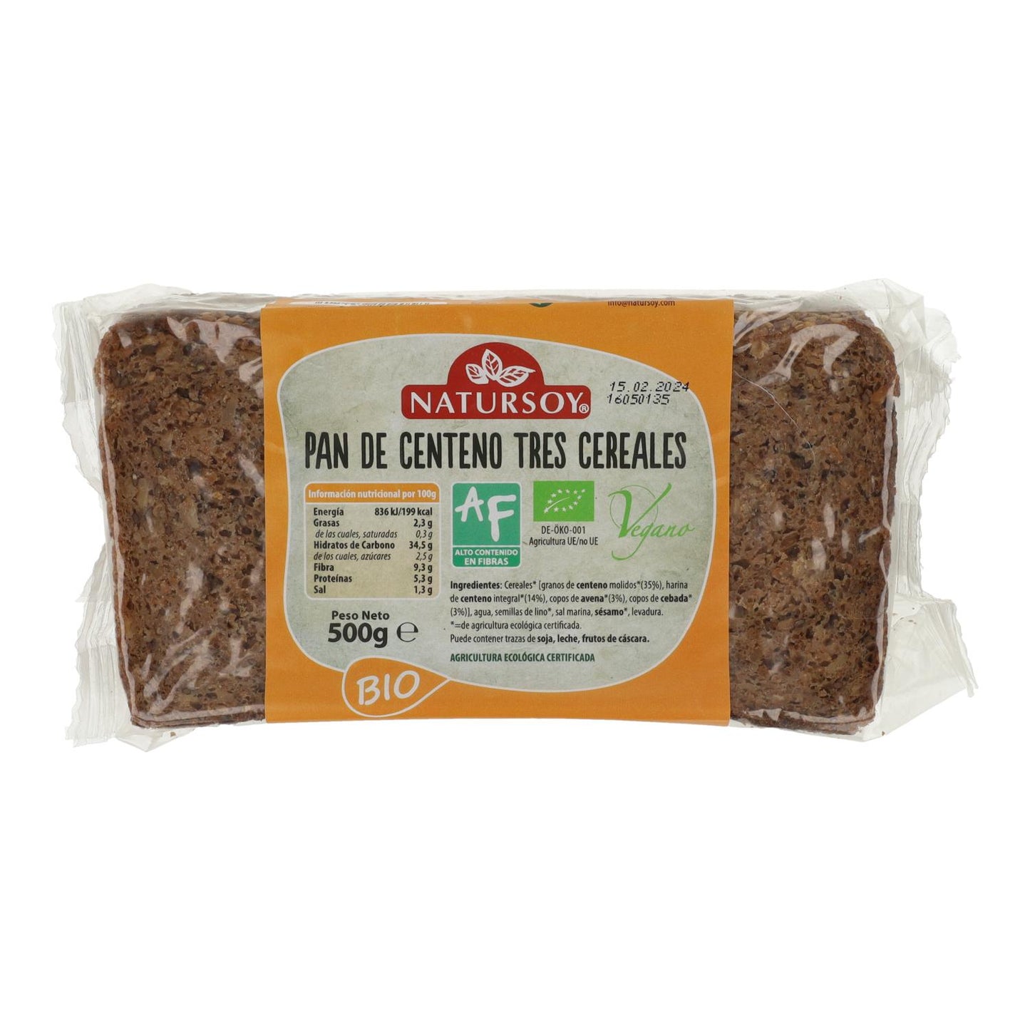 Pão de centeio biológico de 3 cereais, 500 g. Natursoy