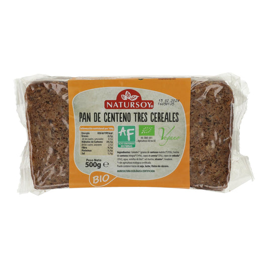 Pão de centeio biológico de 3 cereais, 500 g. Natursoy