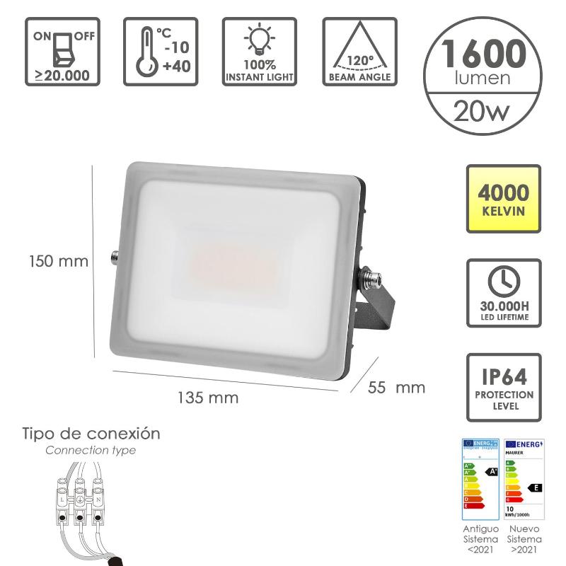 Foco Led Plano Potencia 20 Watt. 1600 Lumenes. Luz Blanca 4000ºk Protección Ip65. Cuerpo Aluminio. Foco Exteriores / Interiores