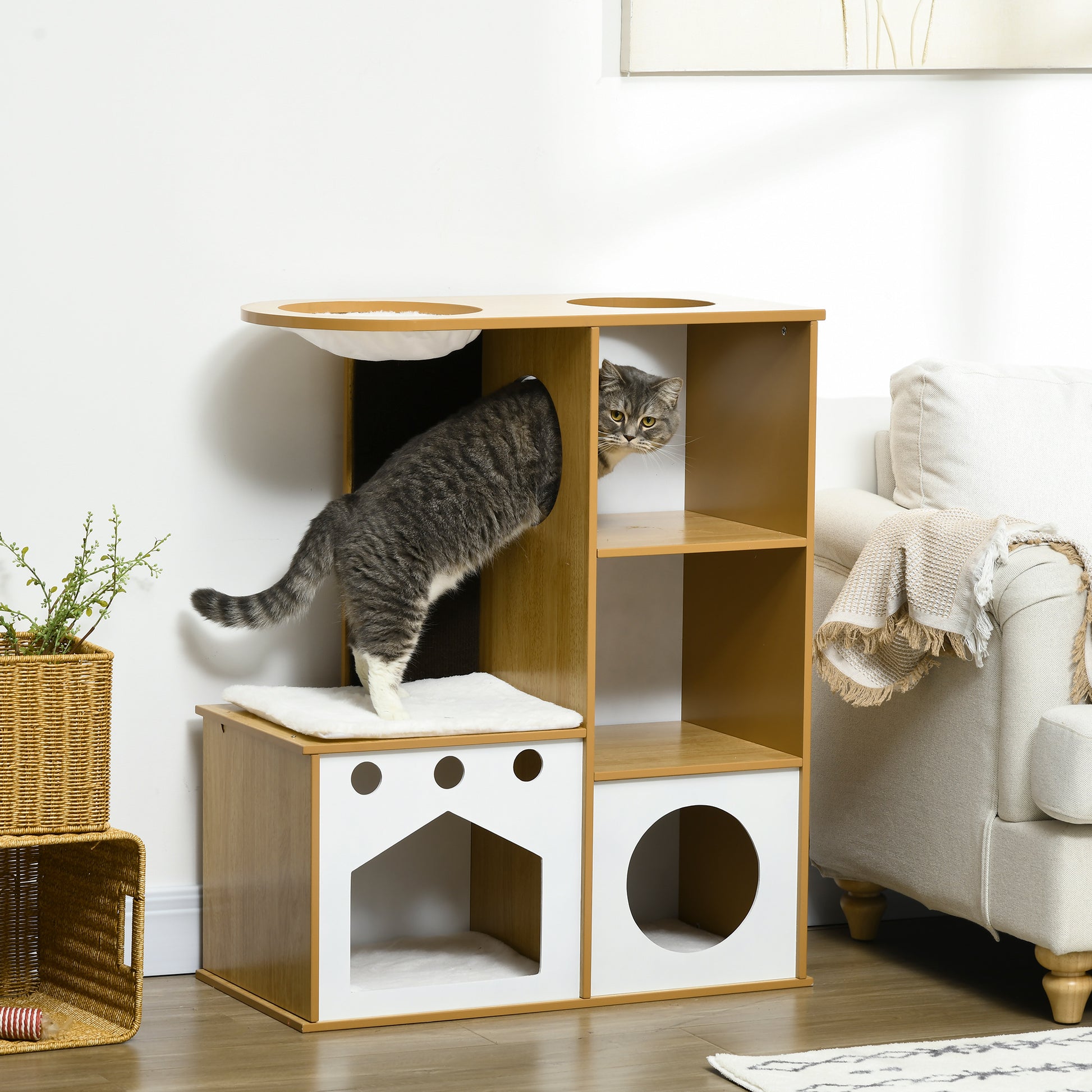 Pawhut Árbol Rascador Para Gatos De Madera 92,5 Cm Con 2 Cuevas Hamaca Y Cojines_1