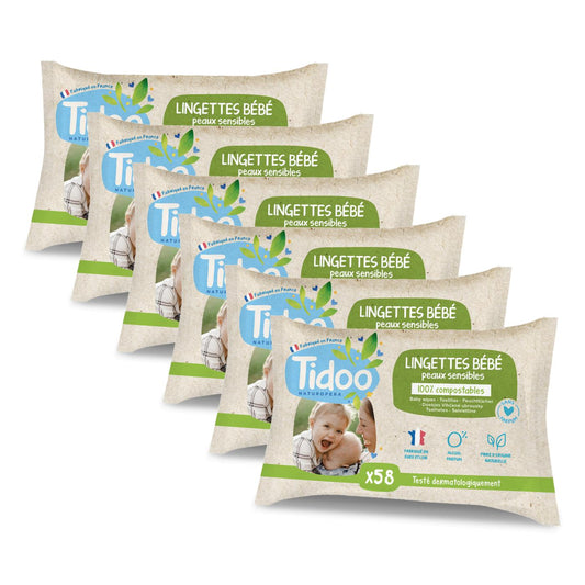 Pack de 6 toalhetes ultramacios e compostáveis ​​com calêndula, sem perfume, Tidoo, 6 x 58 unidades