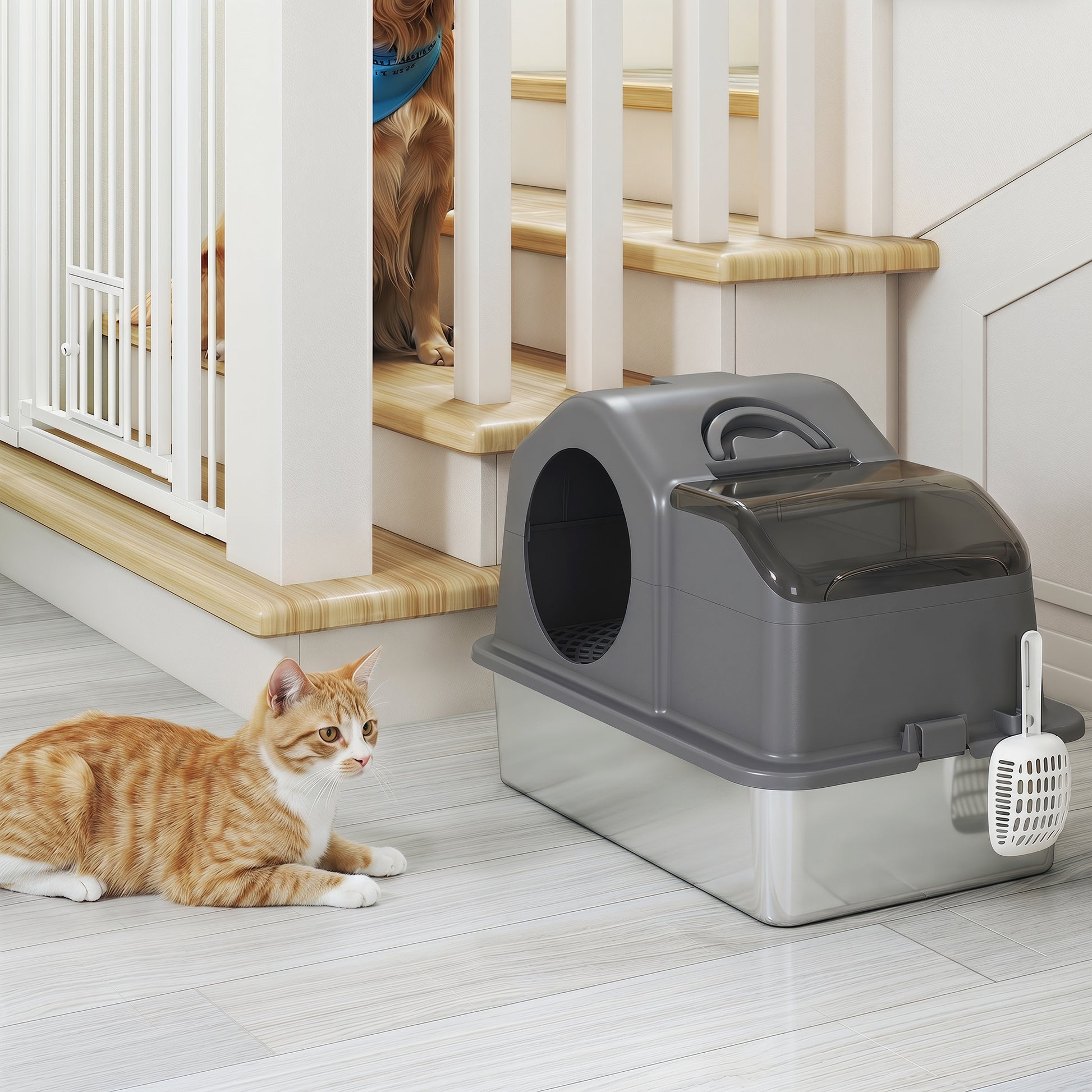 Pawhut Arenero Para Gatos Cubierto Extragrande Con Bandeja De Acero Inoxidable_3