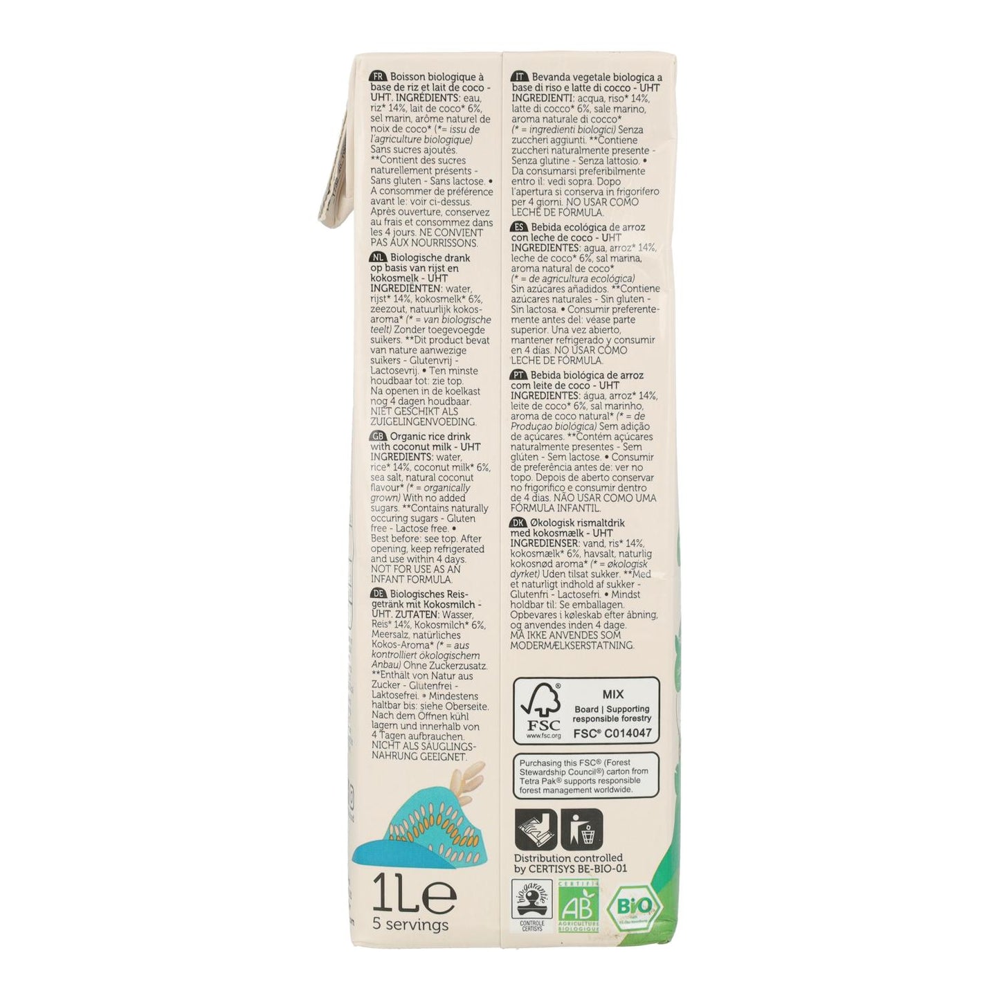 Bebida Vegetal de Arroz e Coco Biológica sem Glúten ECO Lima 1L