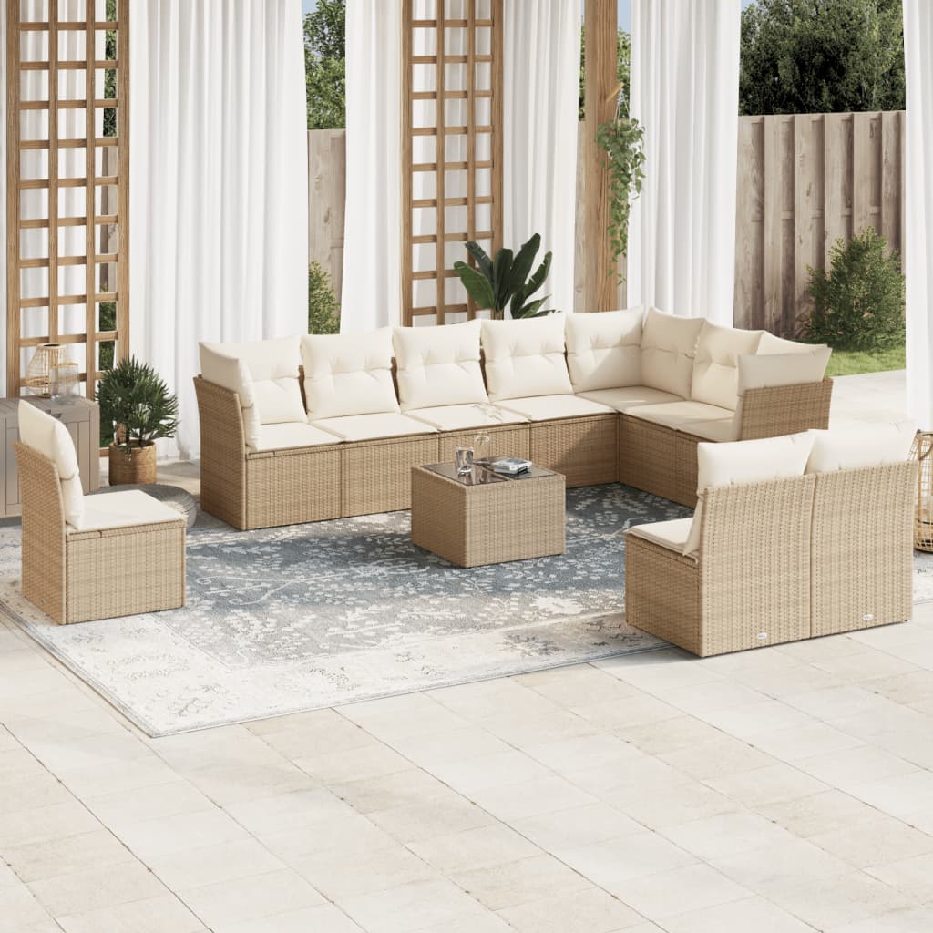Set De Sofás De Jardín 11pzas Con Cojines Ratán Sintético Beige / Vetonek_2