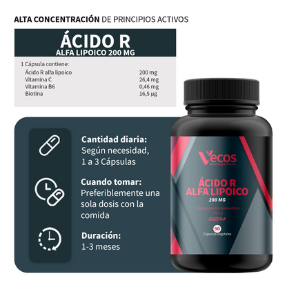 Ácido R Alfa Lipoico 200 mg VECOS (90 cápsulas) | Antiedad y antioxidante Natural | Con Vitamina C + Protector celular_2