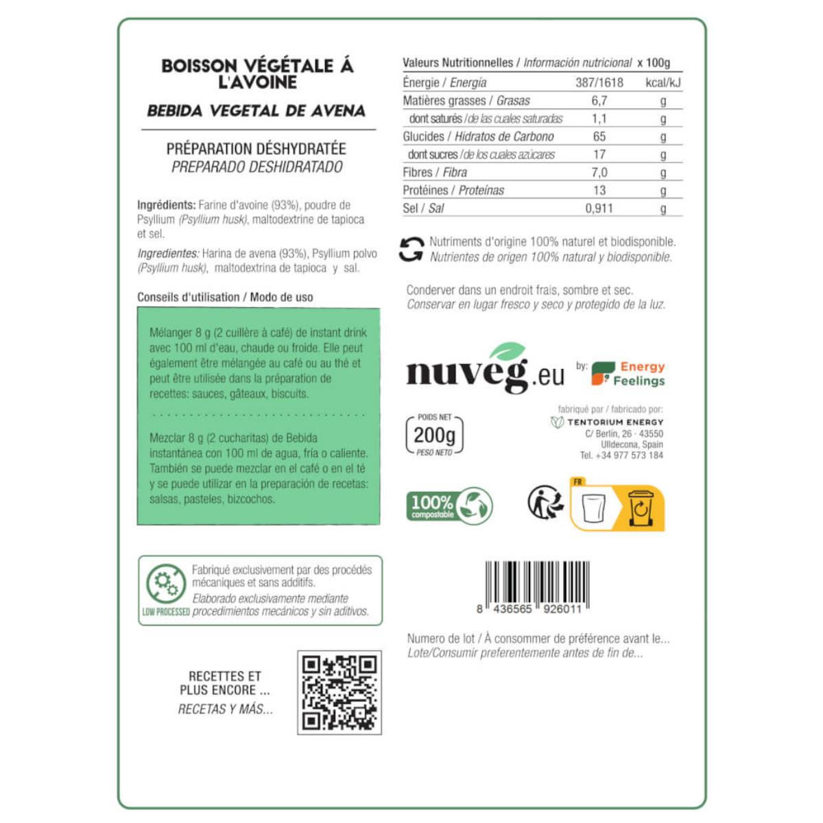 Bebida de Aveia em Pó Biológica Nuveg 200g por 2,5 litros