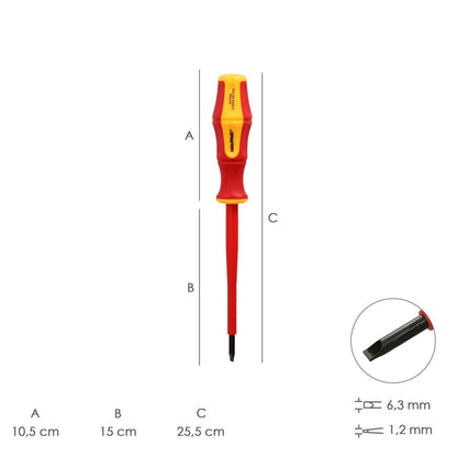 Destornillador Plano Aislado Certificado Vde 1.000 V. Medida 1,2 X Ø 6,5 X 150 Mm. Destornillador Seguridad Electricista_1