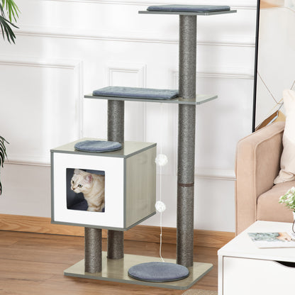Pawhut Árbol Rascador Gatos De Madera 71,5x49,5x120 Cm Con Cueva Postes De Sisal_1