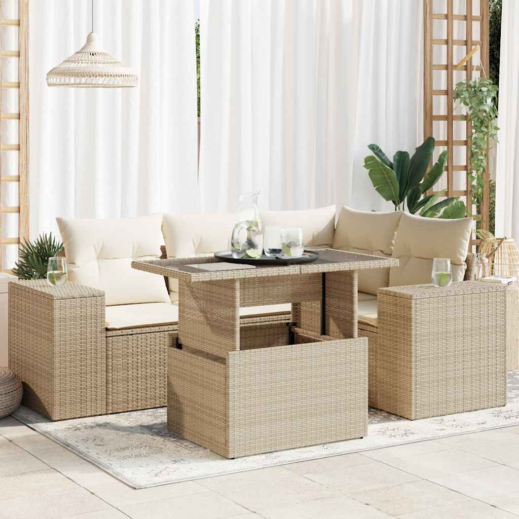 Juego De Sofás Jardín Con Cojines 5 Pzas Ratán Sintético Beige / Vetonek_2