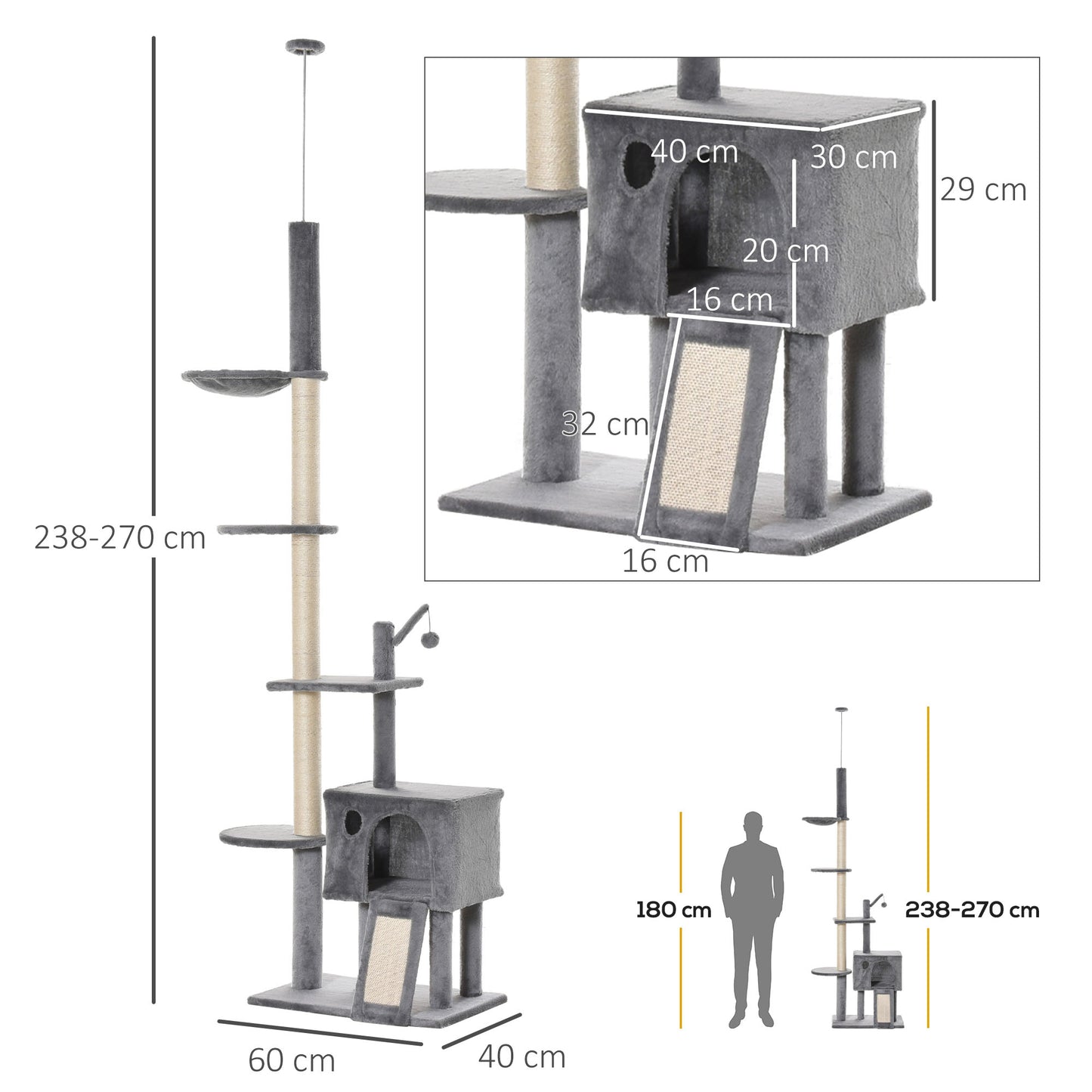 Pawhut Árbol Rascador Para Gatos Altura Ajustable 238-270 Cm Con Hamaca Cueva_2