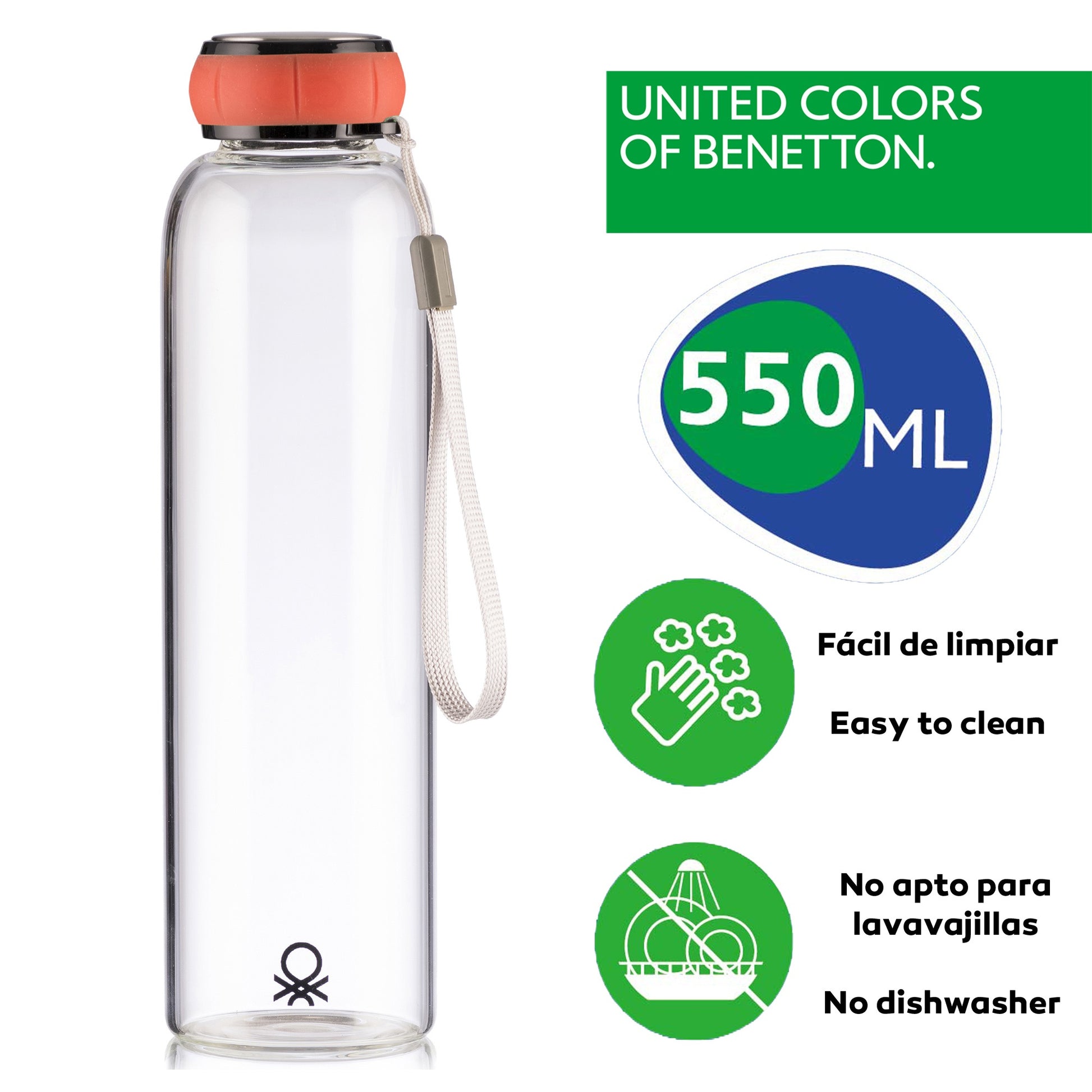 Botella De Agua 550ml Borosilicato Tapa Roja Casa Benetton_1