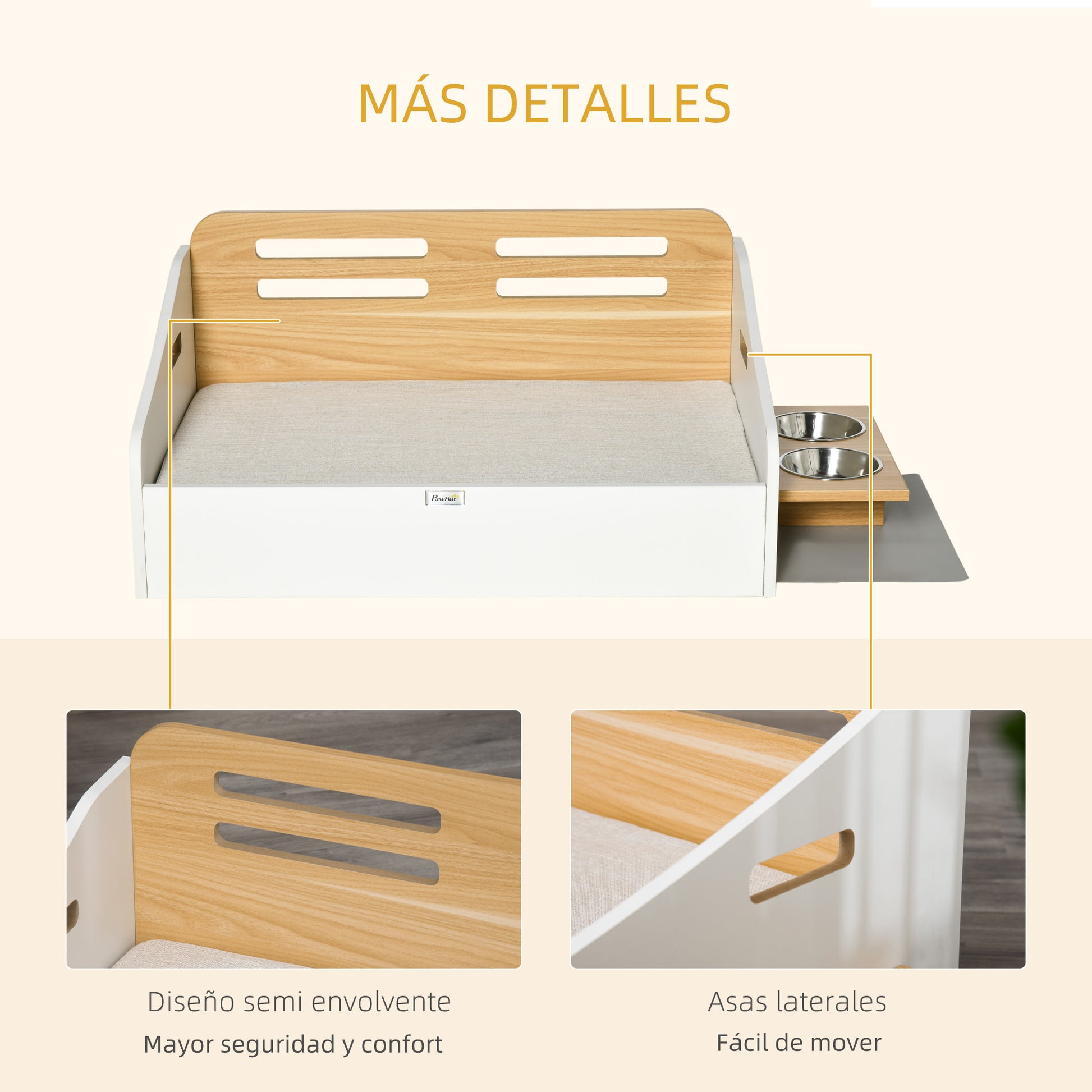 Pawhut Cama De Madera Para Perros Con Comedero 2 Cuencos Y Cojín 100x56x39 Cm_5