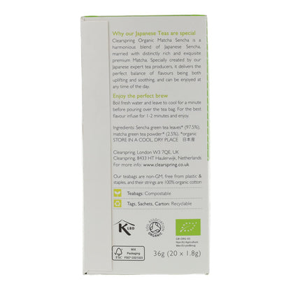 Chá verde matcha orgânico Clearspring, 20 saquetas