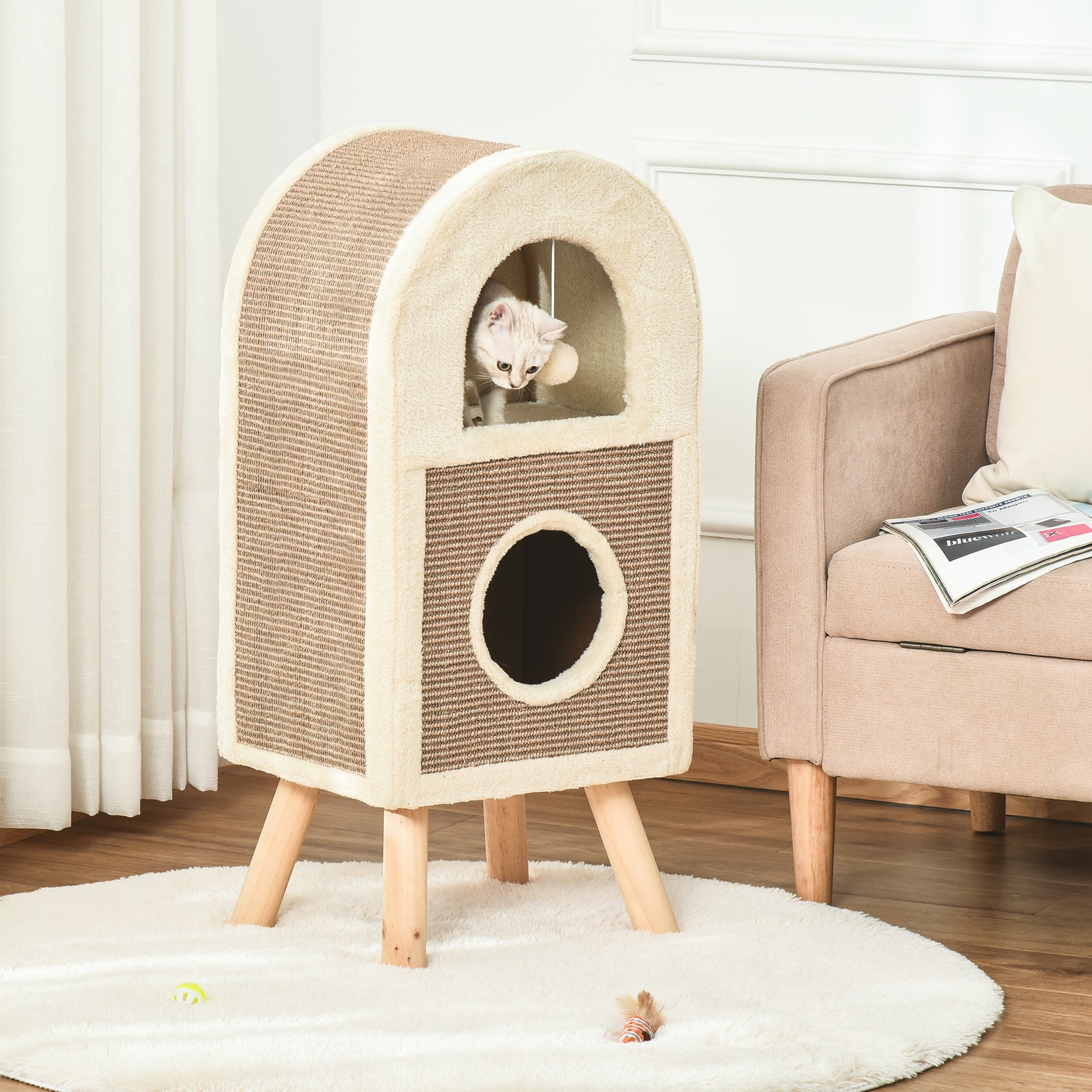 Pawhut Árbol Rascador Para Gatos De 2 Niveles Con Cueva Bola Juguete 40x34x91 Cm_1