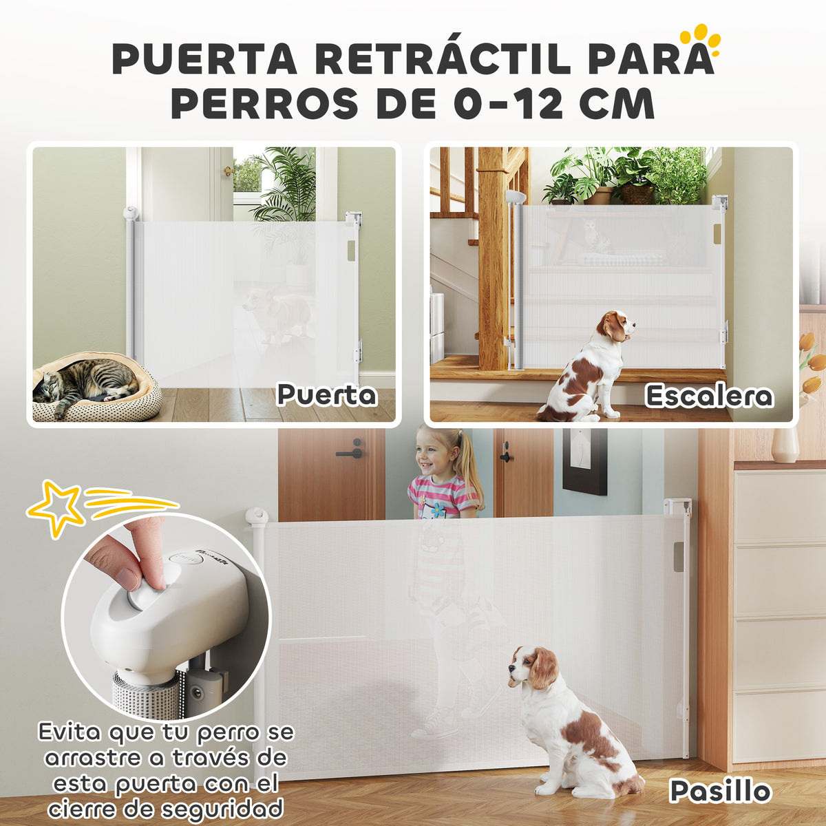 Pawhut Barrera Para Perros Retráctil 0-125 Cm Con Interruptor De Cierre Blanco_3