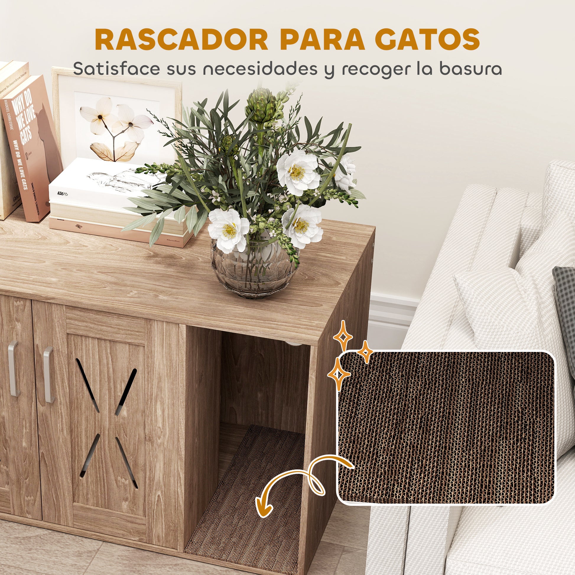 Pawhut Mueble Arenero Para Gatos 3 En 1 Con Puertas Estera Para Rascar Marrón_5