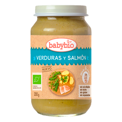Embalagem com 3 potes tradicionais de menu com legumes e salmão, 200g. Babybio