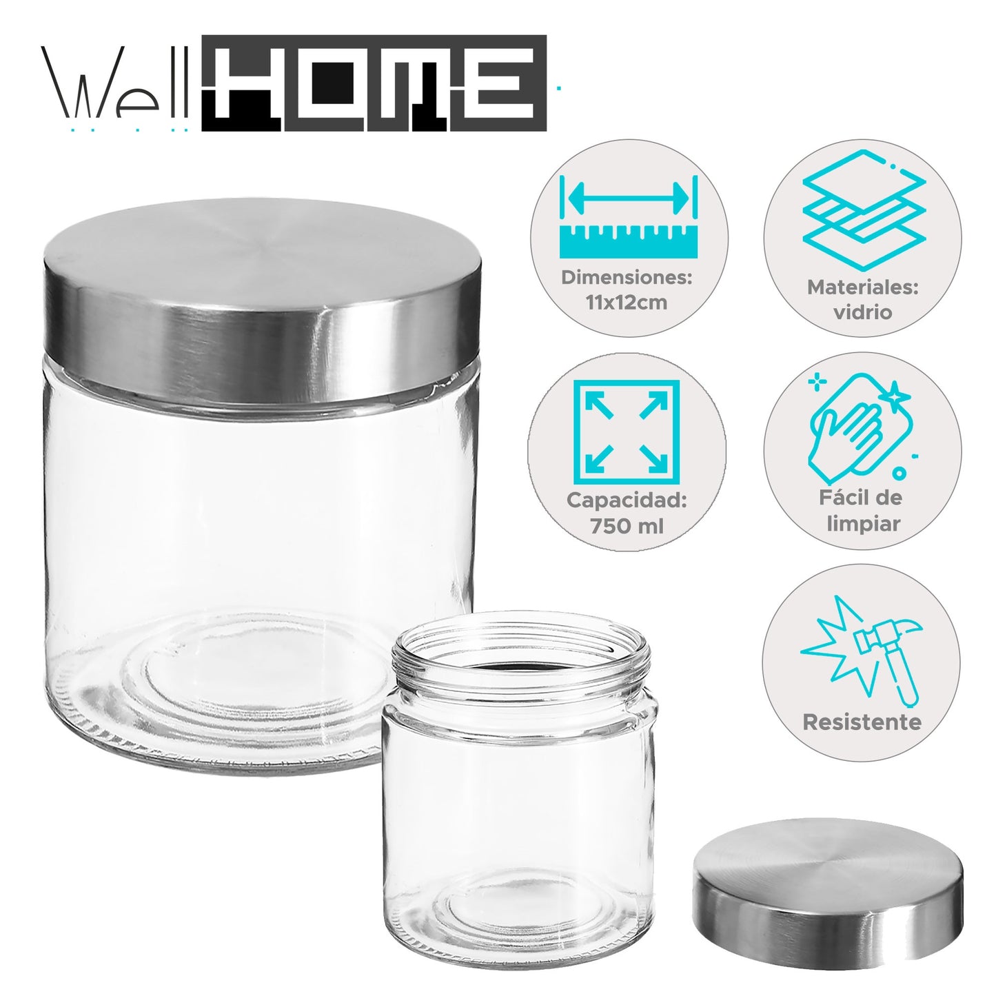 Well Home Tarro Hermético Ø11x12cm De Vidrio Y Acero Inoxidable 750ml_1
