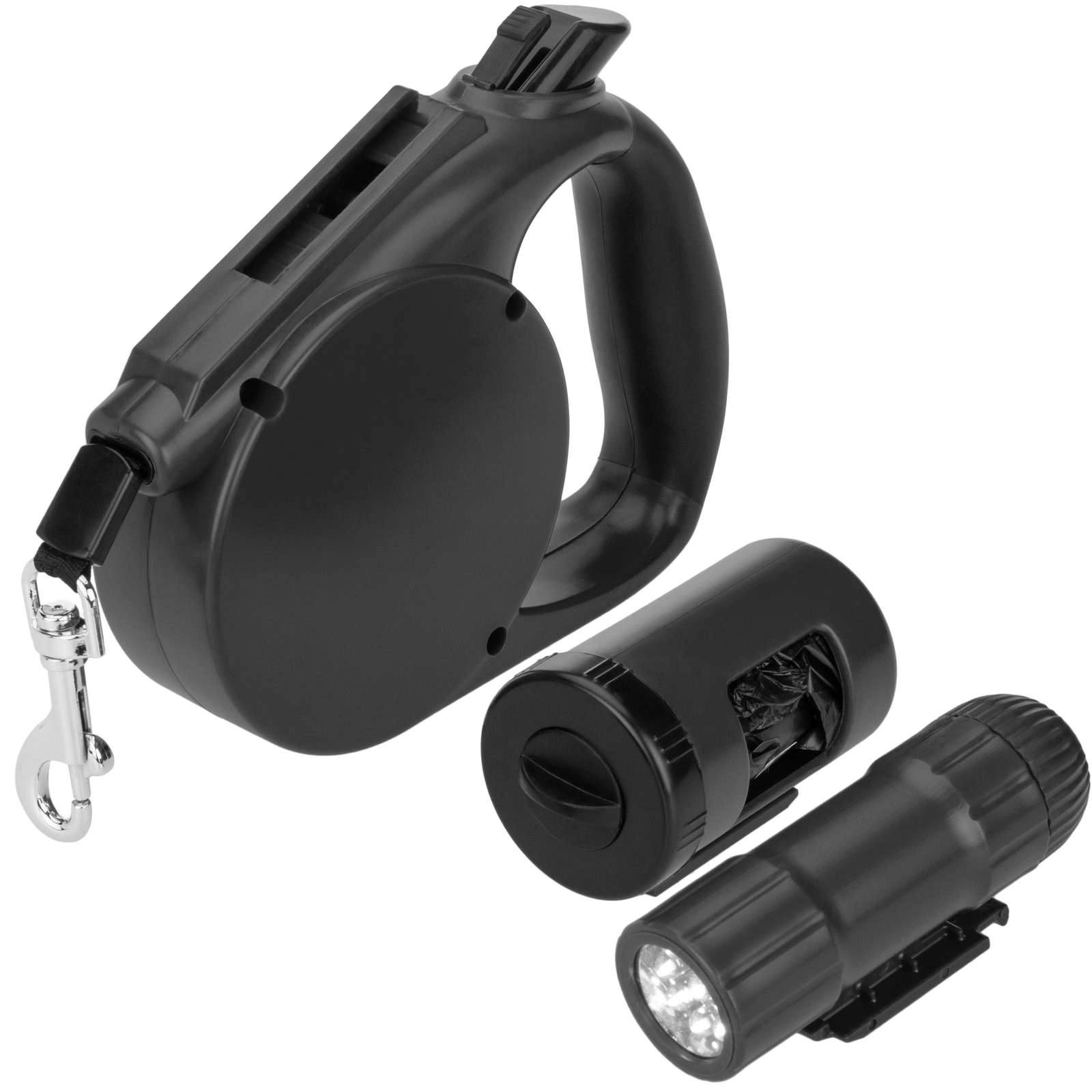 Correa Extensible Para Mascotas Color Negro Con Dispensador De Bolsas_1