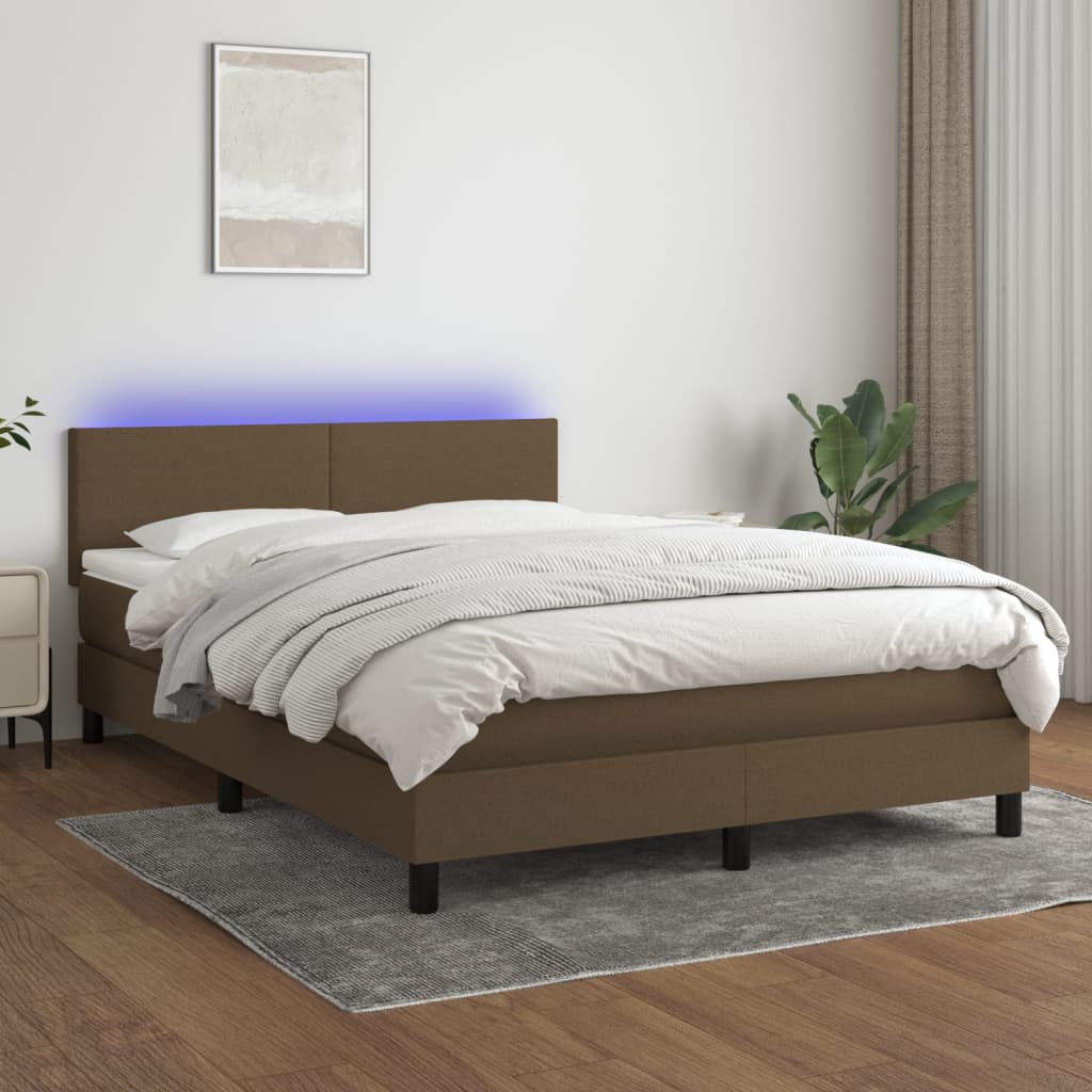Cama Box Spring Con Colchón Led Tela Marrón Oscuro 140x190 Cm / Vetonek_0