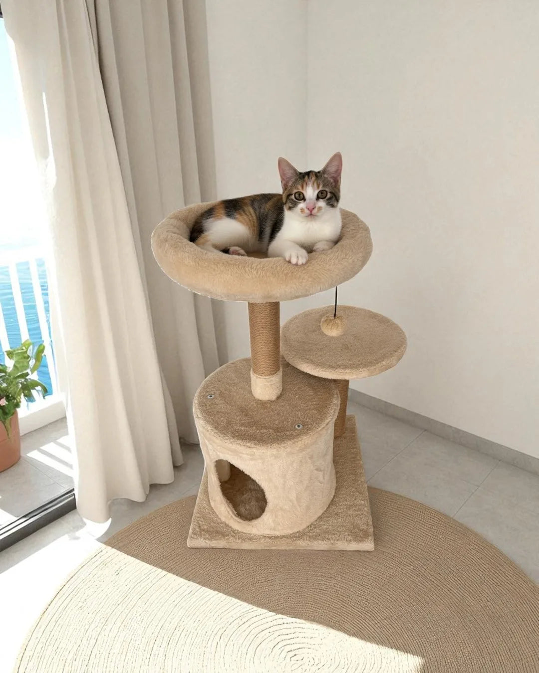 Cama Árbol Para Gatos Nácar, Madera Maciza Y Yute_3