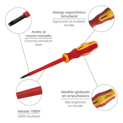 Destornillador Plano Aislado Certificado Vde 1.000 V. Medida 0,4 X Ø 2,5 X 75 Mm. Destornillador Seguridad Electricista_3