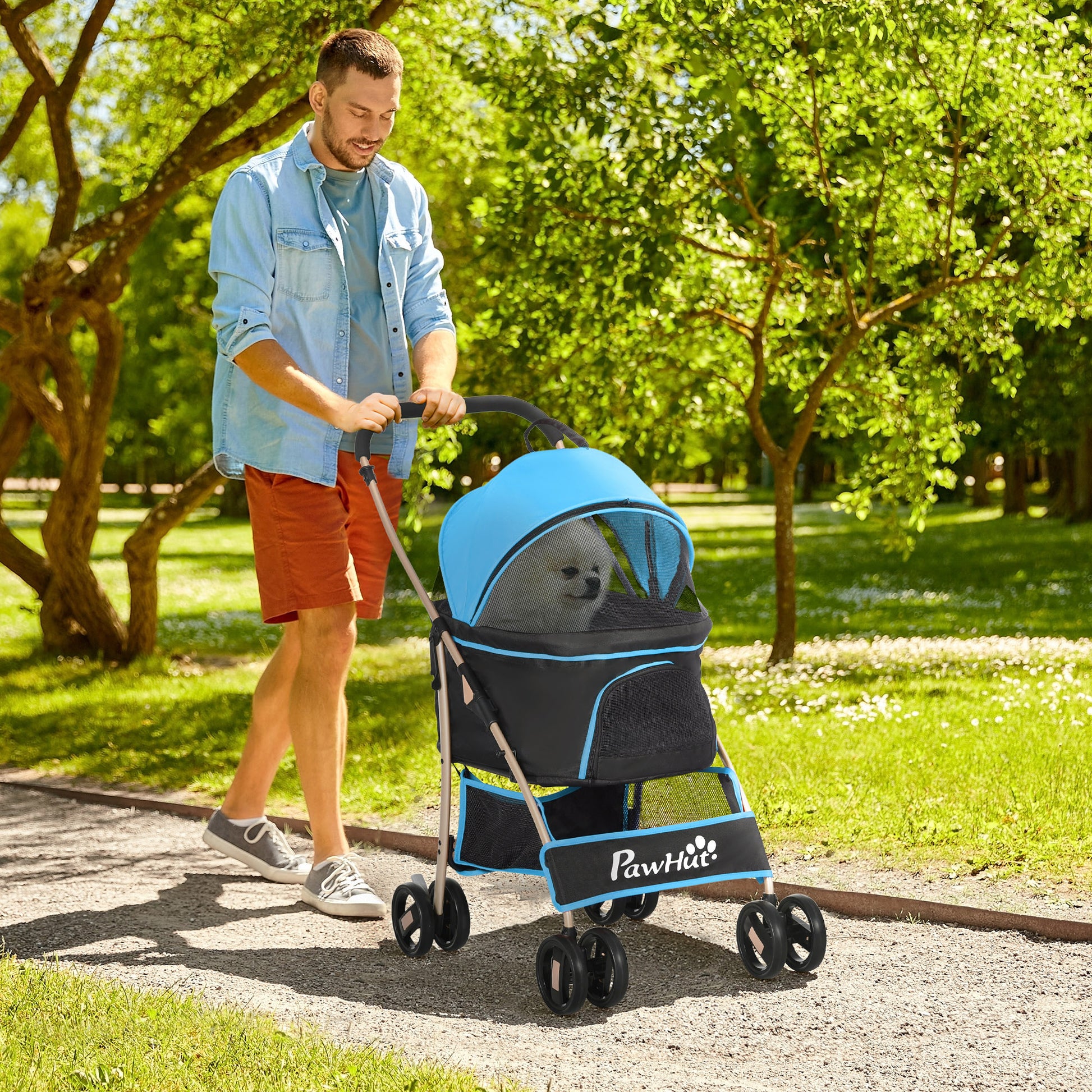 Pawhut Carrito Para Perros Plegable 3 En 1 Con Vagón Desmontable Azul_1