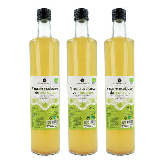 Embalagem de 3 vinagres de maçã biológicos não filtrados da Planeta Huerto, 750 ml.