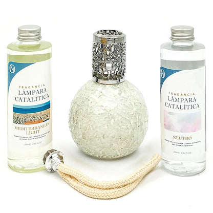 Pack Lámpara Catalítica Mosaico Blanco + Fragancia Mediterranean Light 500ml + Limpiador Neutro 200ml + Mecha Repuesto_0