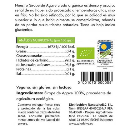Xarope de agave cru puro ECO Salud Viva, 385 g