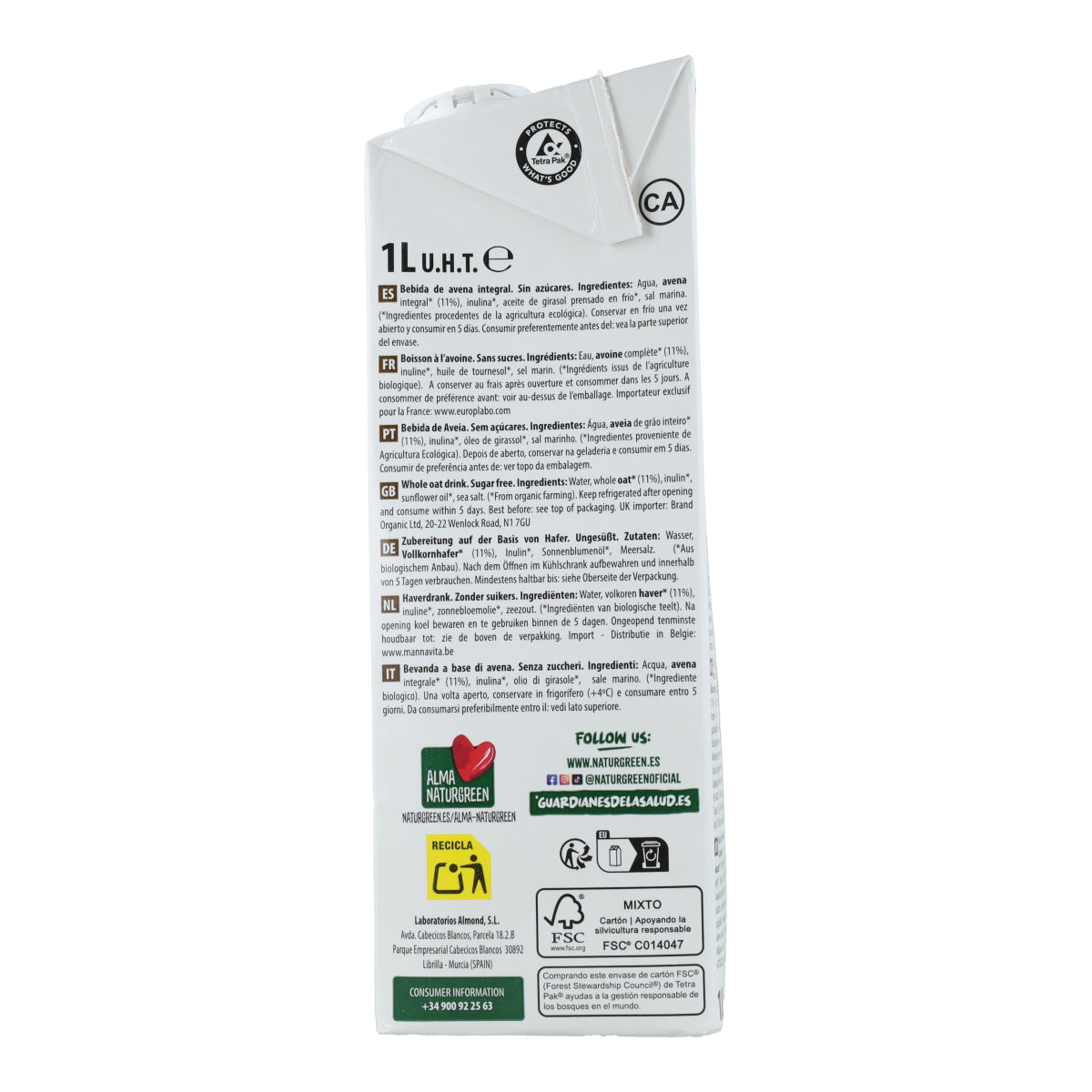 Bebida de Aveia Integral 0% Açúcares Bio NaturGreen 1 L