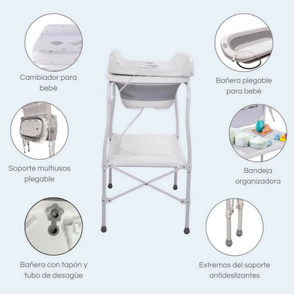 Bathby | Bañera Bebé 5 En 1 Plegable Con Soporte, Cambiador, Bandejas, Desagüe (gris Standard)_4