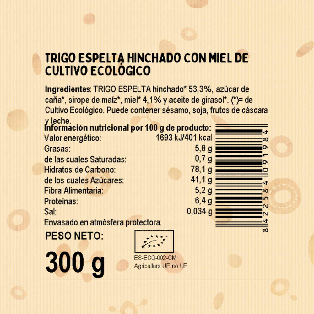 Trigo espelta biológico tufado com mel El Granero 300g