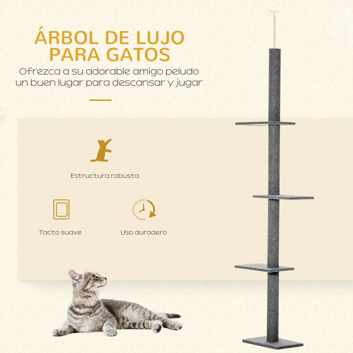 Pawhut Árbol Para Gatos Del Suelo Al Techo 43x27x228-260 Cm Con Altura Ajustable_3