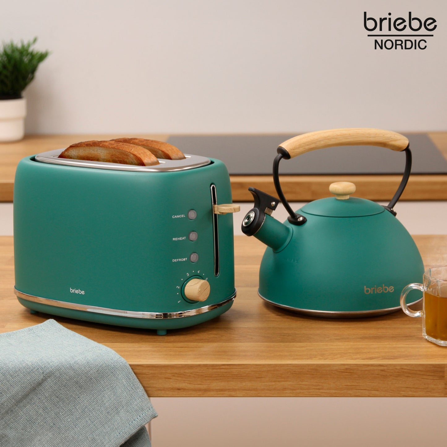 Briebe Nordic Set Tostadora Pan Ranura Ancha 2 Rebanadas + Tetera 2,3l Acero Inox, Inducción Libre Bpa, Skt1177gre,verde_1