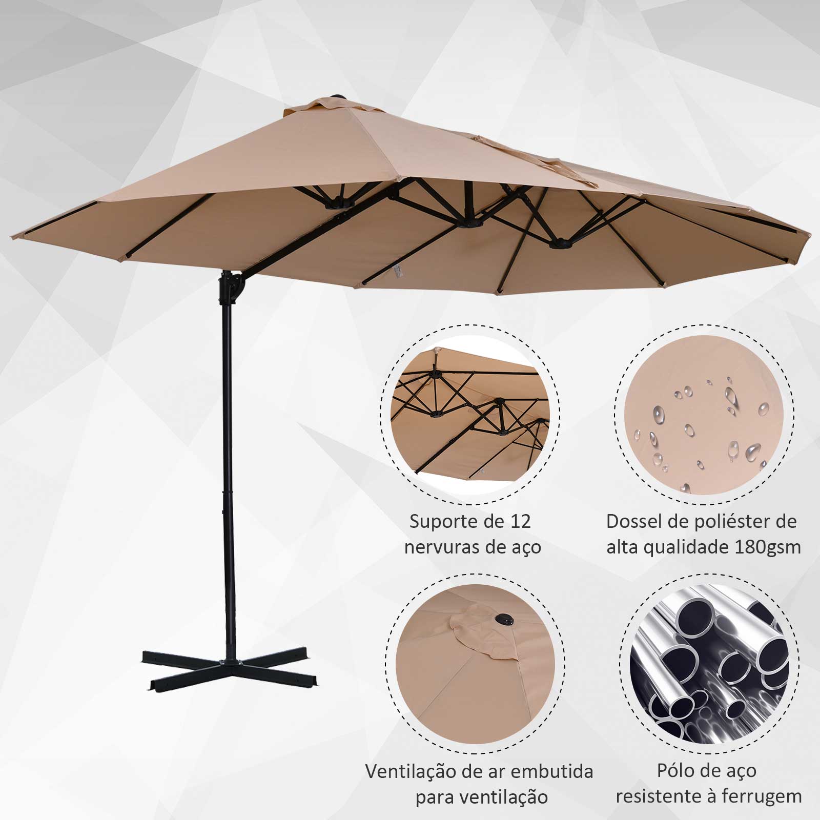 Conjunto De Sombrilla Doble Beige Outsunny 270x445x260 Cm Con Base Rellenable De 4 Piezas_5