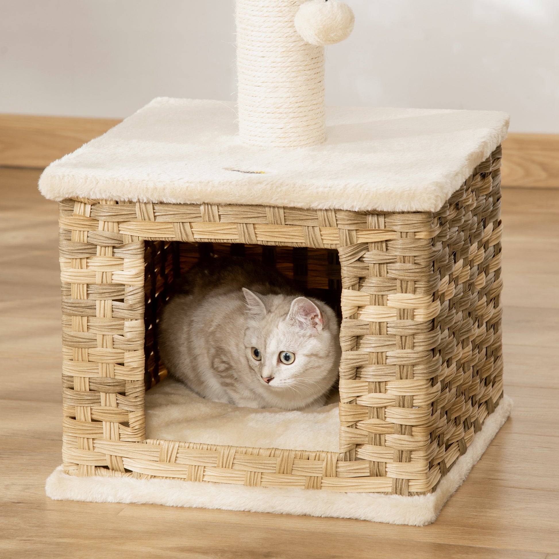 Pawhut Árbol Rascador Gatos Altura 69 Cm Con Cueva De Ratán Y Cama 36x36x69 Cm_4