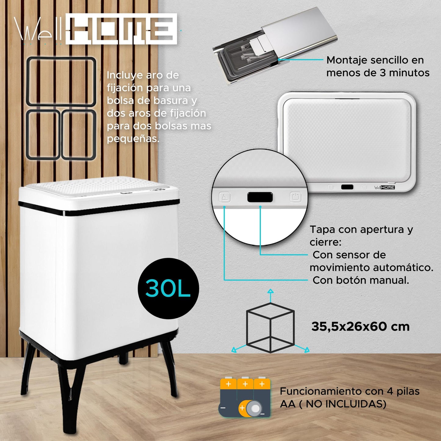 Wellhome Cubo Inteligente Apertura Automática Y Manual 30l Blanco_1